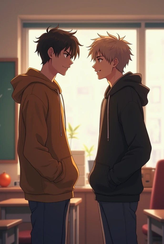 Anime type 2d image of 2 guy. One is wearing brown hoodie and other wearing black hoodie. The guy who is wearing Brown hoodie is taller than other guy. They are staring each other with love in the classroom 