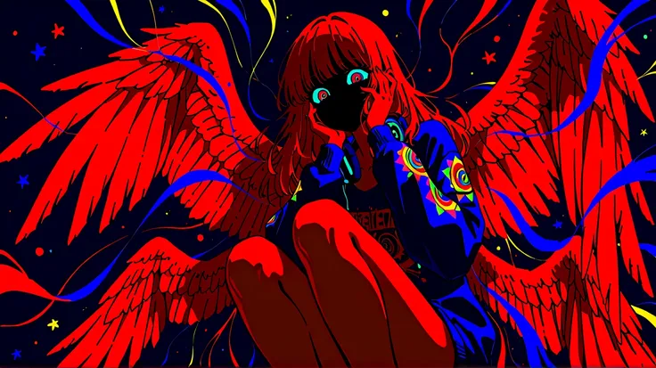 (masterpiece, best quality:1.2), 1 girl, unique, f3nn3r, colourful, pink, blue, black, red, trippy, giant feathered wings, psychotic, psychedelic, losing my mind, street wear, ripped print shirt, headphones around neck, no face, low angle from the side dia...