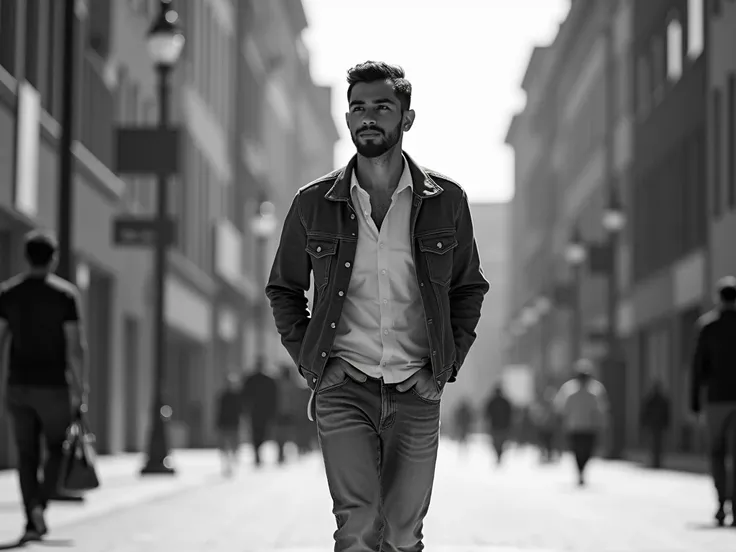 Jeune homme malgache en train de marcher dans un environnement urbain. Il a un robot attaché au cerveau comme une extension de cerveau tout droit sorti d’un film de science fiction. Le jeune homme est habillé de jean et chemise, semi-cool. Photographie dan...