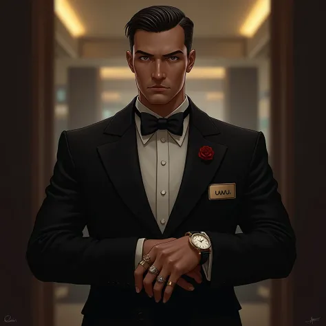 1man, ai tuxedo, wrist watch, rings, mafia look, short hair, with a name plate Uwu on it