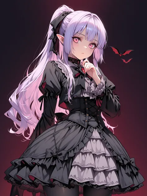 ((masterpiece, best quality)), 1girl, light purple hair, long hair, ponytail, pink eyes, vampire, fluffy, (gothic lolita), black pantyhose, hair ribbon, calm, looking at viewer, cowboy shot, no cropping, simple background, 