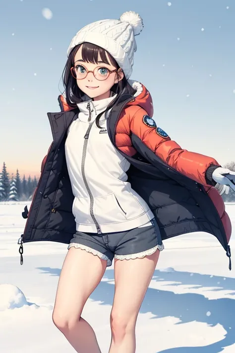 ( super flat ,  flat shading ,  flat color),  1 young girl， short， toddler figure ，, change,  s, Curvy,  Down Jacket, ( white lace modest shorts),  no skirt , Glasses, winter hat, ice skating, smile, , winter, snow,  bright ,  brightly colored , watercolor...