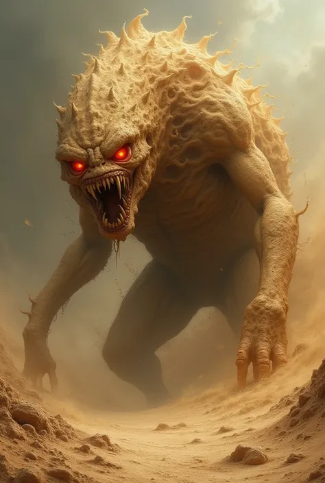 A horrifying, ancient creature made of swirling, sentient sand, with glowing, fiery red eyes. Its body shifts and warps, making it impossible to catch or escape. It has a mouth that devours everything in its path, leaving behind only bones and dust.