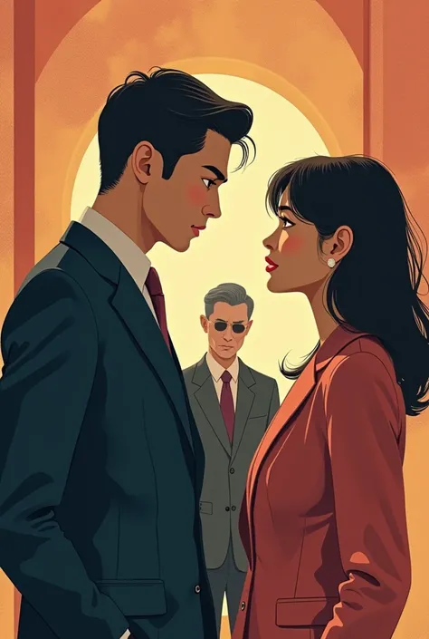  The cover of the novel ,  theme komk precedent dashing in suits and his secretary women in office clothes looking at each other and behind them is an evil faced man, make with soft colors and their characters korean 