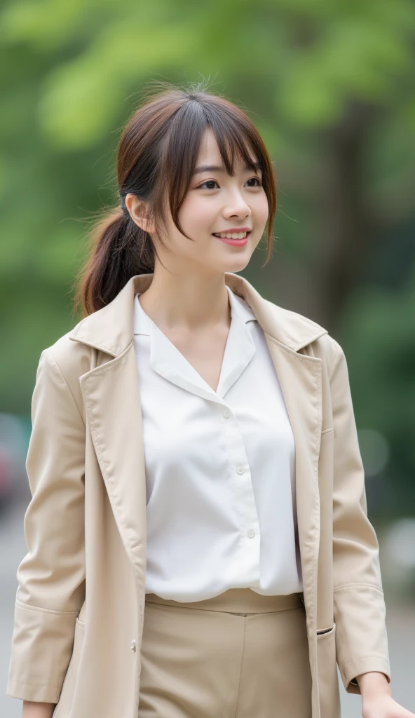 A beautiful Japanese woman wearing a white blouse with a long beige jacket:1.21, extremely detailed skin, large breasts:1.5, deep cleavage, small head, cute face, pony tail, brown straight hair:1.21, neatly styled, bright eyebrows, smiling, strolling throu...