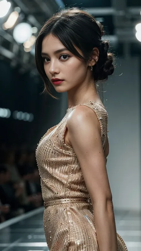 a beautiful german girl walking on a runway, extremely detailed face, detailed eyes and lips, long eyelashes, elegant hairstyle, high fashion dress, dramatic lighting, cinematic, photorealistic, 8k, hyper detailed, masterpiece, full body photo