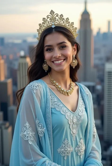 Rich teenage girl, beautiful girl. Model.  figure wearing expensive  light blue    salwar kammez and white beautiful patterns and wearing a gold crown. . She is standing with perfection and smiling. Behind her was new york city skyline and bugatti cars . S...