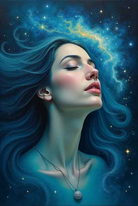 ```
[A womans face emerges from a swirling blue galaxy. Her features are soft and ethereal, her eyes closed as if in a dreamlike state.  The galaxy wraps around her head like a crown, with bright, glowing areas suggesting nebulae. The overall palette is do...