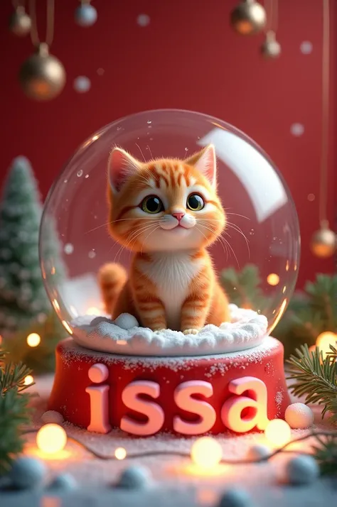  An art with a red background and Christmas decorations ,  there is a snow globe in the center that has a cute cat in the color of a turtle shell,  in front of the cat are the letters of the name Issa in pink and snow below . On the bottom there are Christ...