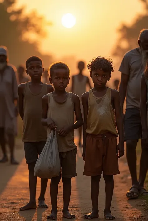 The boys are packing their belongings—small bags with basic clothes. Elders of the village are gathered, some laughing at them and others showing concern. The boys look determined, standing at the edge of the village road with the sun setting behind them.
