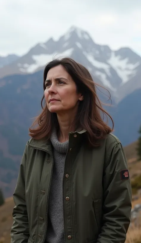 A thoughtful 36-year-old woman, in a modest jacket, standing in front of a mountain view.