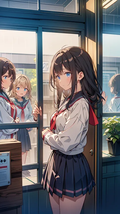 “On a rainy day, four high school girls stand by the large windows of a school hallway, watching the raindrops streak down the glass. One girl leans on the sill, suggesting a new ramen shop she found online, while another nods enthusiastically. The rhythmi...