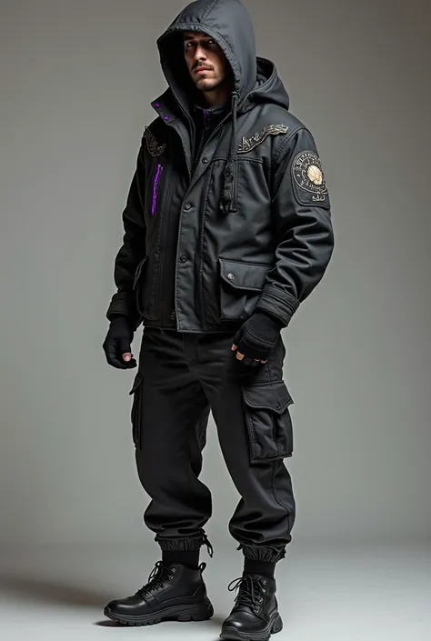 Une veste à capuche oversized qui combine un look streetwear/grunge avec des matériaux robustes comme du néoprène ou du kevlar, renforçant son côté pratique et de combat.
Détails inspirés de Hawks : Des plumes stylisées brodées discrètement sur les épaules...