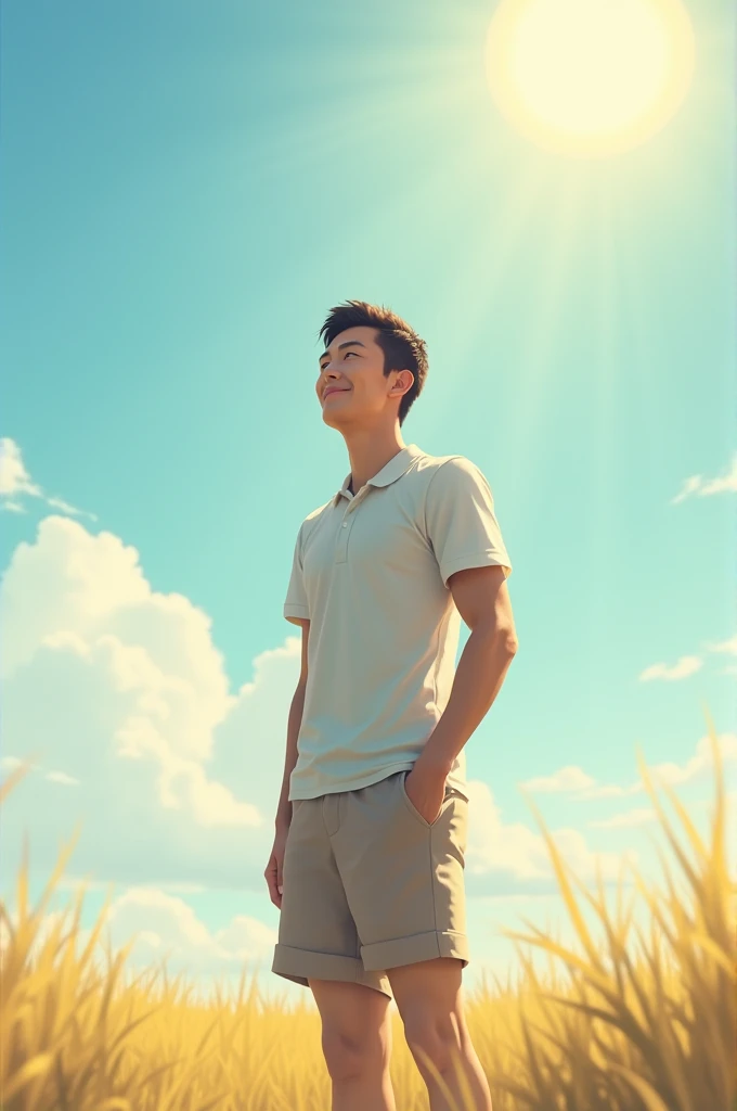 The sun is shining completely, the man is standing contentedly