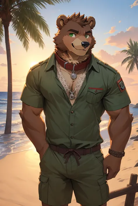  Alone,  anthropomorphic, eyes, masculine ,(brown bear) ,(medium body, the pectoral medium, medium arms ), dark brown eyeshadows ,  without clothes , red Hawaiian t-shirt on top, dark green cargo shorts  ,( black strap on the left arm ) ,(without collar ) ...