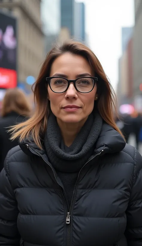 A stylish 36-year-old woman with glasses, in a closed jacket, standing in a bustling city center.