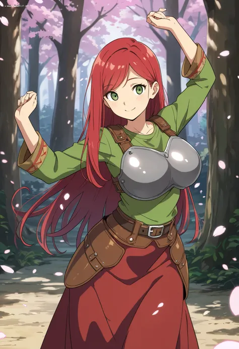 (masterpiece), Highest quality, 4k, ((anime style)), ((ultra-detailed)), 1girl, (red hair), (long straight hair:1.2), (short bangs, left-parted bangs, and right hard swept bangs:1.2). round eyes, (applegreen eyes:1.2), (large breast:1.1), (green t-shirt an...