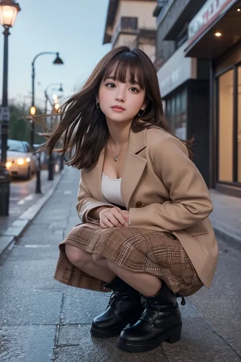  sweet and beautiful girl 、 from side、 Asian squat 、( black long boots、brown plaid long skirt、Cream colored knit、 black jacket)、(**Yo:1.3)、break、(Night Sky、Town Streetlight )、break、 shy laugh 、*********、Very beautiful eyes、( symmetrical eyes next to woman ...