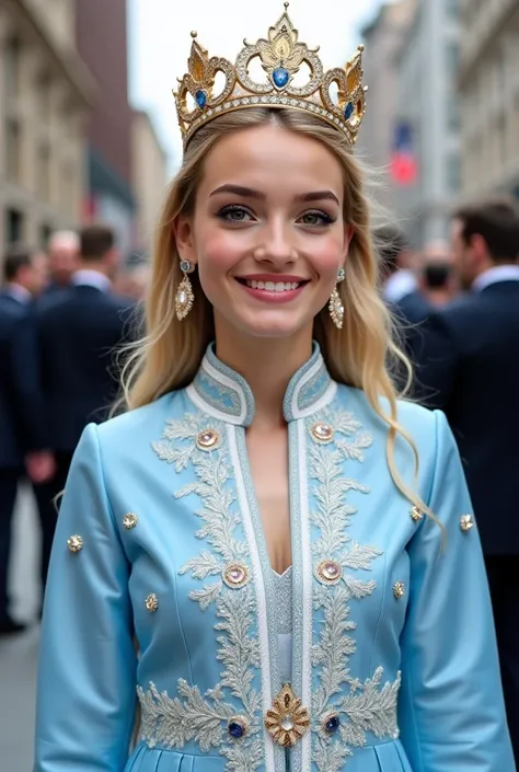 Rich teenage girl, beautiful girl. Model.  figure wearing expensive  light blue    salwar kammez and white beautiful patterns and wearing a gold crown. . She is standing with perfection and smiling. Behind her was new york city skyline and bugatti cars . S...