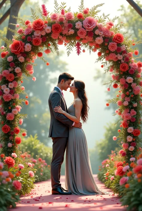 A wedding ceremony card in which a girl wears gray maxi and boy wears a gray dress stand under beautiful multi colored flowers place