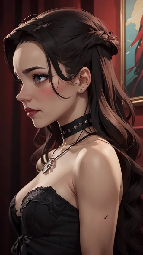   Close-up of a woman wearing a black blouse and a black bra  ,  Charlie Bowater art style , estilo Charlie Bowater, portrait de vampiro, arte do personagem Charlie Bowater, Alena Aenami and germ of art, Neoartcore e Charlie Bowater,   Charlie Bowater rich...