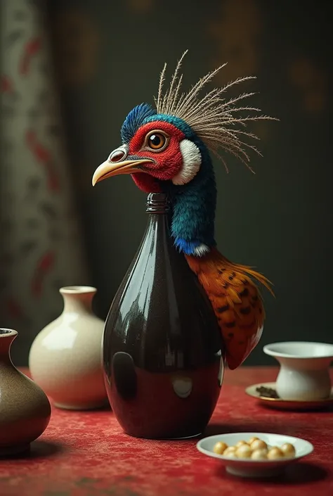 sake
Pheasant sake
on the table
Tokuri, Inoguchi, and one-sho bottles are lined up
The head of a pheasant is growing from a bottle