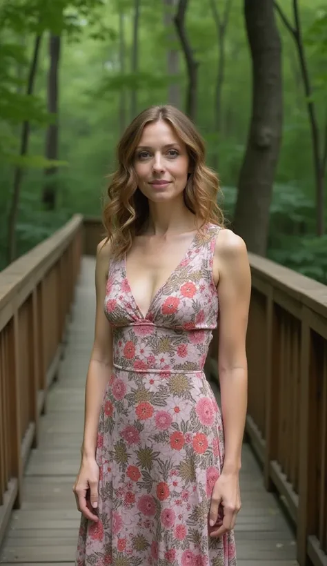 A 37-year-old woman in a floral-patterned dress, standing on a wooden bridge in a forest.