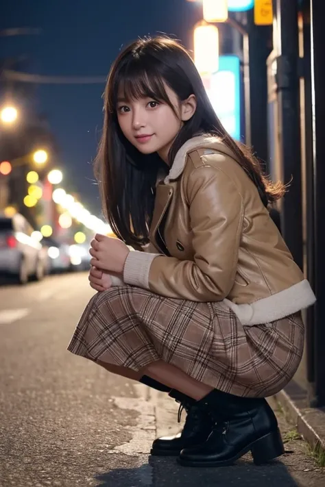  sweet and beautiful girl 、 from side、 Asian squat 、( black long boots、brown plaid long skirt、Cream colored knit、 black jacket)、(**Yo:1.3)、break、(Night Sky、Town Streetlight )、break、 shy laugh 、*********、Very beautiful eyes、( symmetrical eyes next to woman ...