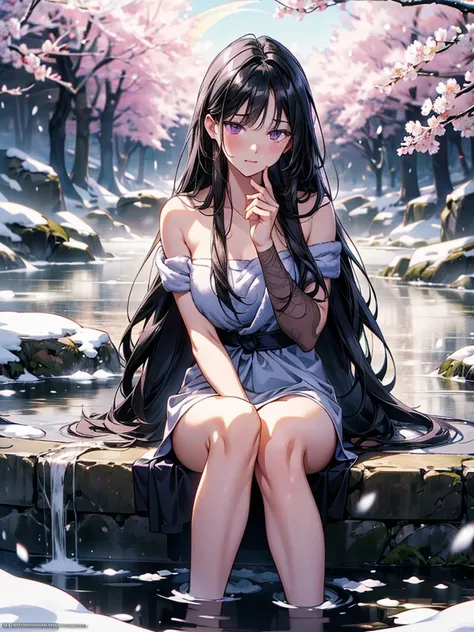 masterpiece, best quality, high resolution,Perfect light and shadow,8k wallpaper,illustration, ray tracing, a cute girl,black hair,Long straight hair, Purple Eyes,Full body portrait,Sit by the hot springs,snow,moon,Cherry blossoms,towel wrap body , exposed...