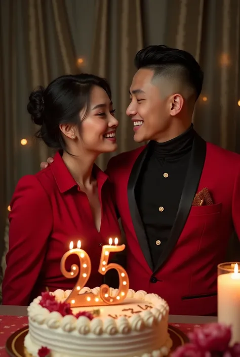  A pair of Korean interracial couple lovers with choppy hair on a woman  , undercut hair on men  ,  wears a fancy beautiful red dress shirt and a man wears a matching red black suit with pants celebrating a birthday there is a cake on a table with the insc...