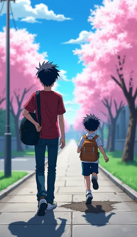 A vibrant anime-style street scene where the two brothers walk to school. The older brother looks annoyed, carrying a school bag slung over his shoulder, while the younger brother, trailing behind, trips over a crack in the sidewalk, flailing in a comical ...