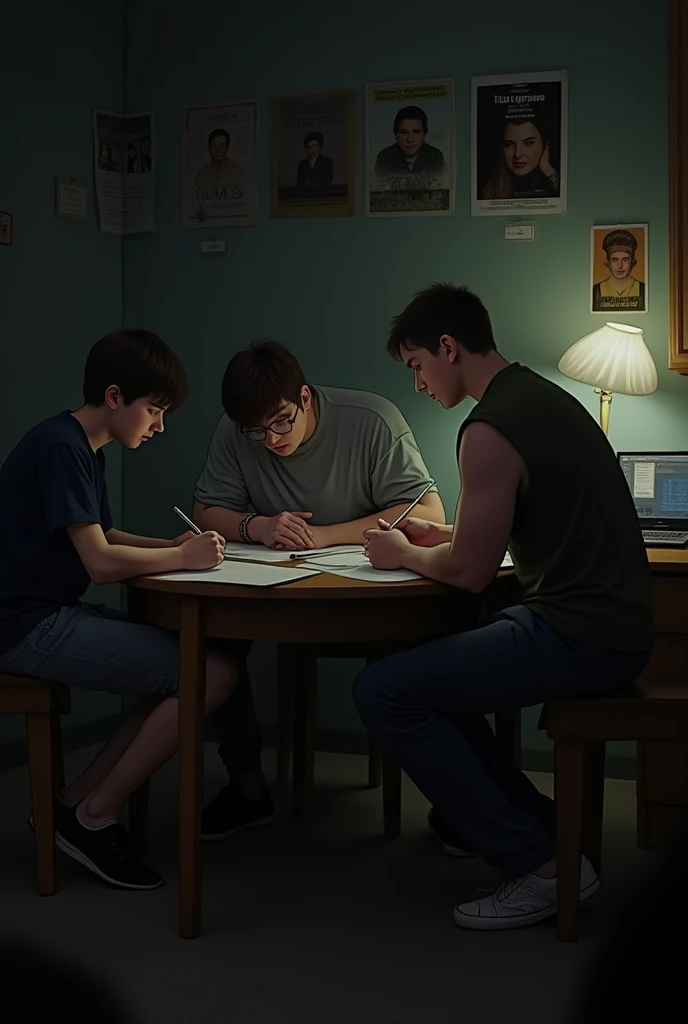 The boys working odd jobs—delivering food, washing cars, and practicing their lines late at night in a dimly lit room. They look exhausted but focused, with acting books and posters of famous actors on the wall for inspiration.

