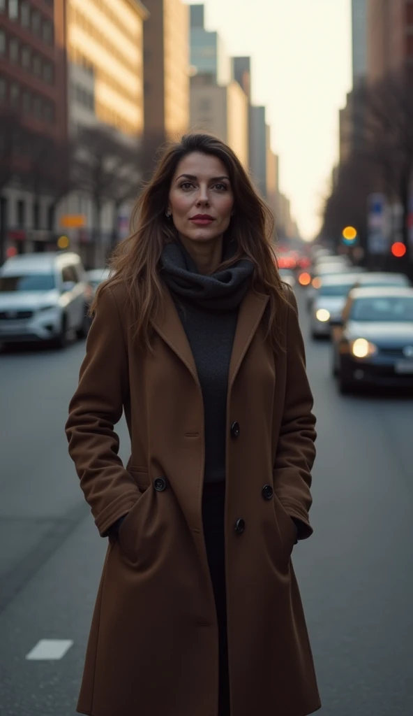 A 38-year-old woman wearing a long coat, standing on a city street in the evening.