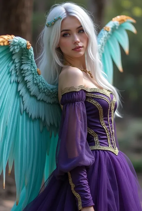 The young man, about 24 years old, and the wings of turquoise feathers chasing a light purple hue, the tips of the wings are golden, with long silver hair, purple eyes on the left and golden on the right, wearing a fantasy retro dress in dark purple tones ...