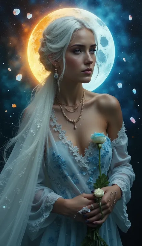 Create a stunning masterpiece featuring a beautiful white-haired young adult female as the central figure. She is adorned with delicate, iridescent jewelry—shimmering necklaces, earrings, and bracelets that mirror the cool, ethereal tones of her hair, addi...