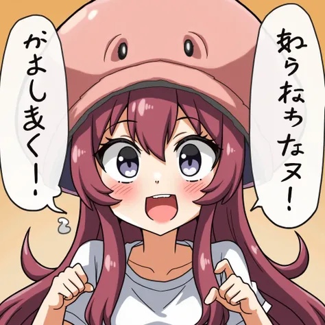 A woman wearing a squid hat is speaking provocatively, a squid hat, with a stern expression, mouth wide open, tongue sticking out, typing xxxxxx in a speech bubble, looking forward at the camera in Japanese anime style Im staring