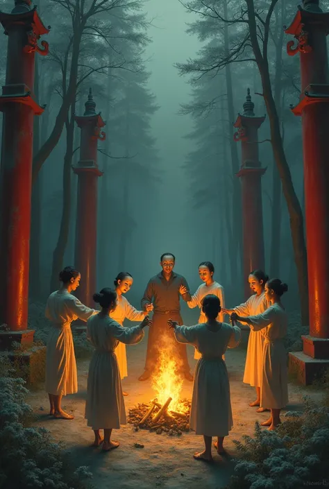  Surrealism 油画风格，In a Nordic forest ， six people dancing around a bonfire in the middle with traditional Chinese masks， The person in the middle is facing behind a bonfire， Surrealism ，舞蹈Exaggerated actions诡异，Exaggerated actions，Behind the person, there ar...