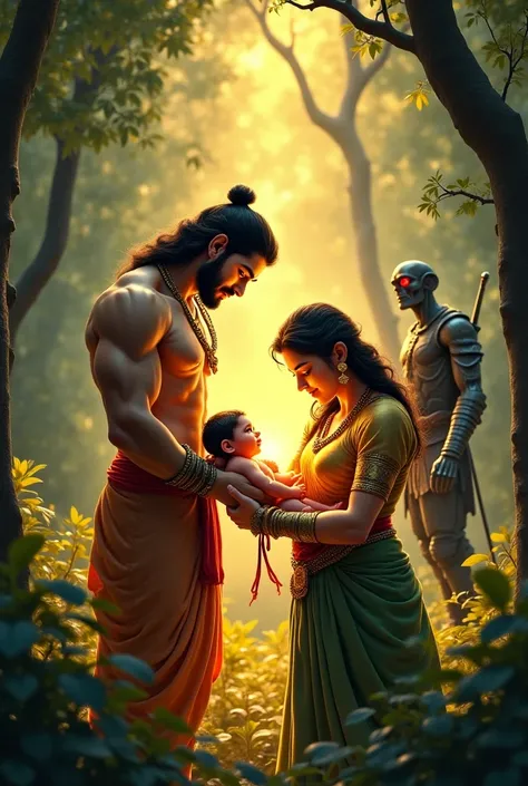 Prompt: "A divine scene showing Hanuman as a radiant newborn baby in a jungle, cradled by his mother Anjana, a celestial woman in simple green garments, and father Kesari, a muscular monkey king wearing golden armor. Hanuman glows with divine light. In the...