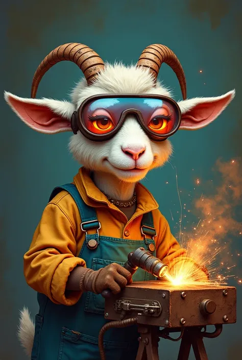  An anthropomorphic young goat wearing work clothes and welding protection goggles, using with a fun expression a large and detailed welding machine , industrial style, comic style, fabric texture, Detail,  vibrant colors, style expressive , style raw, Ste...