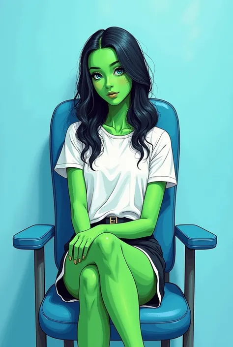 Draw a picture of a pretty girl with green skin sitting on a bright blue-colored interrogation room chair. Put on a white t-shirt and draw a picture like a well-drawn detailed illustration , Draw a picture like a well-drawn detailed illustration.