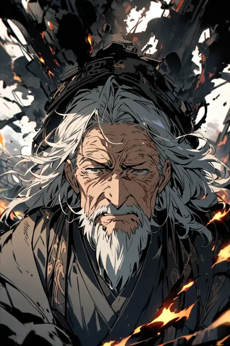 /imagine prompt: a close-up of a very elderly man inside a chaotic Japanese factory during a fire. His face is deeply wrinkled, showing the marks of a long life. He wears simple, modest clothing that is worn but clean. His hair is mostly white and loosely ...