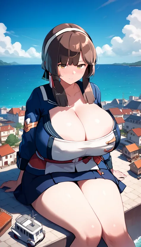 mogador_ kancolle ,,dark brown hair color,giantess,Sitting in the harbor,(gigantic breasts),,Port town