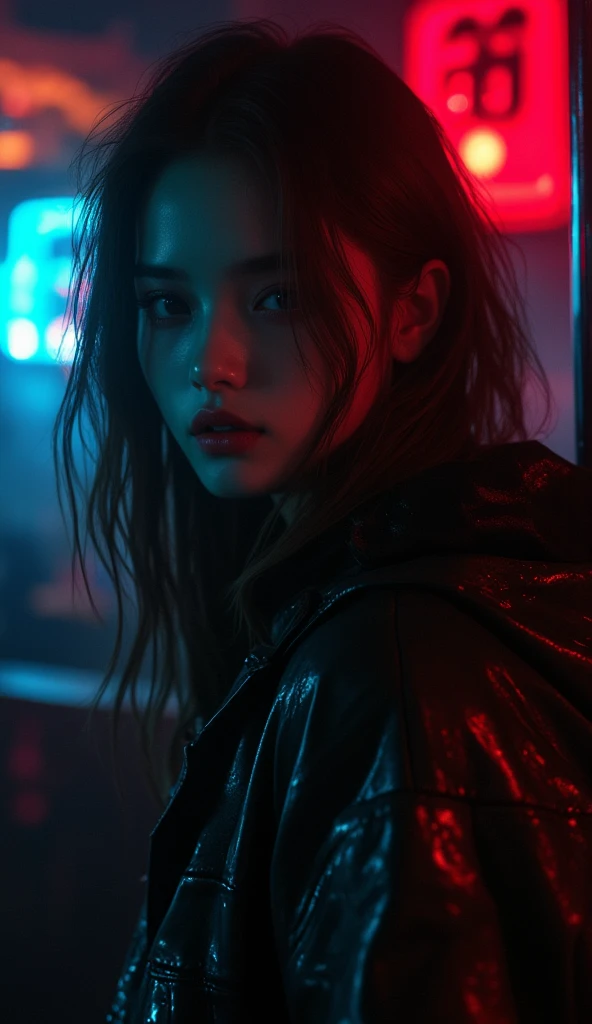   artistic photography  ，1 Girl, Terminator ， Wear a long jacket and windbreaker，  a beautiful woman ，bar，bar灯光幽暗，  has an ambiguous atmosphere  ， black light，Cinematic film texture，Magazine Photography