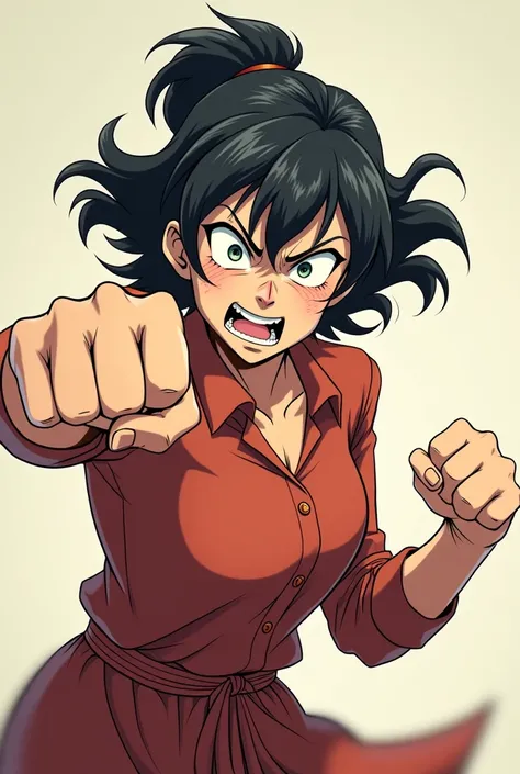 Anime girl mom like character look kinda scary trying to punch someone and more funny only one fist punch