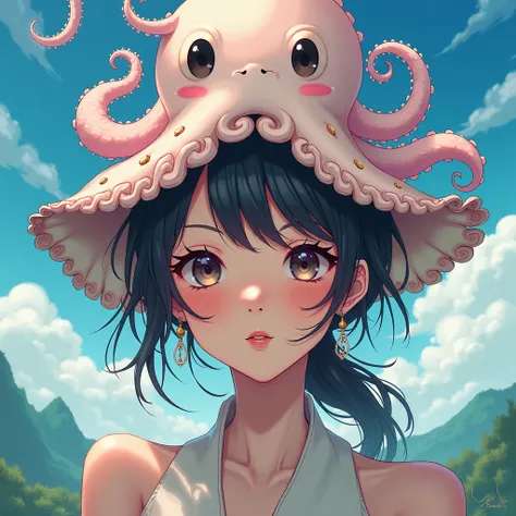 Woman wearing a squid hat, Japanese anime-like image, squid hat, squid hat