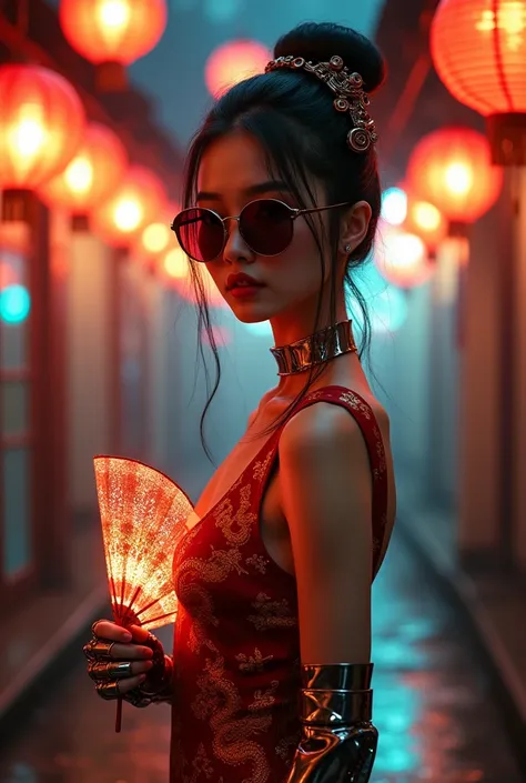 [id422363793|Екатерина], конечно, вот она:

A young stunning cyberpunk-style woman blending traditional East Asian aesthetics with futuristic elements, standing on a narrow street under glowing paper lanterns. She has sleek metallic cybernetic arms and a c...