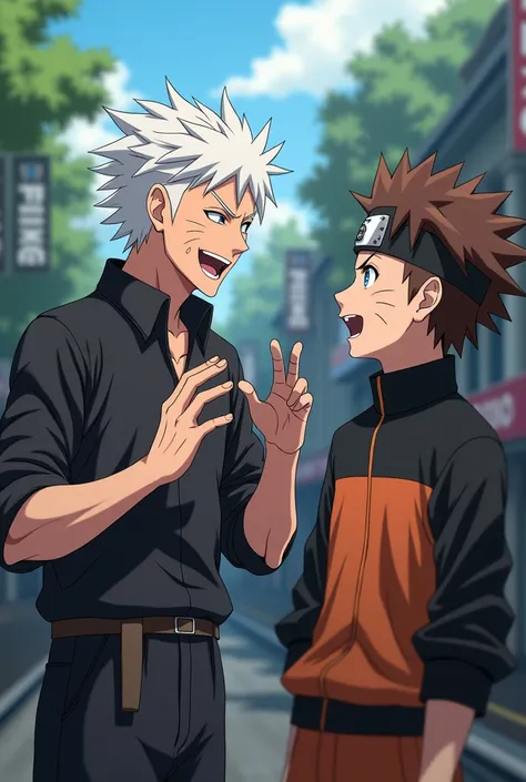 Create a video in which gojo satoru is laughing on Naruto because he is nervous because hinata is looking to Naruto and the background should be realistic 