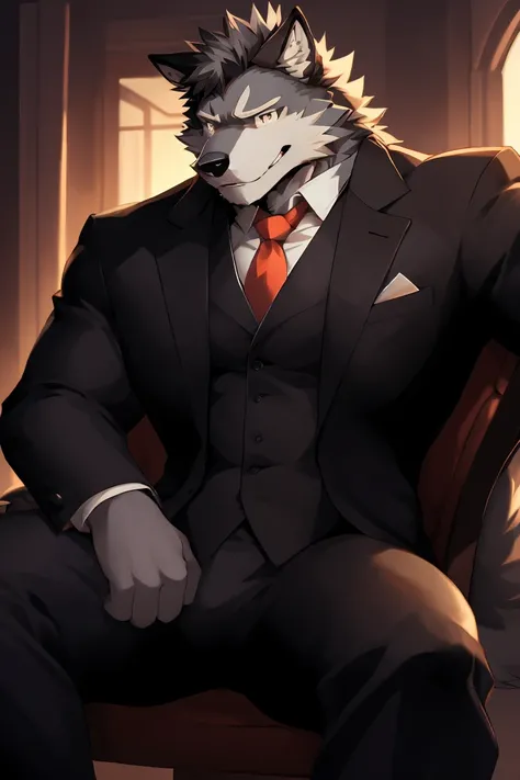 1man, Anime, 8k, From Front, A Dark Gray Wolf , Super Muscular , Sitting On A Chair In A Room, Looking At The Viewer, Wearing A Suit, Smiling, 