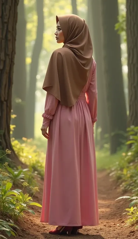 A beautiful Indonesian woman wearing a long pink dress with a brown hijab stands in the middle of the forest with a beautiful body shape,  clear and smooth leather ,  glass shoes
Background of trees  ,  light tricks sun in . 
realistic, FHD, Details 500K 