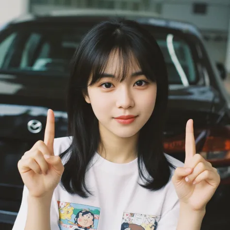 a photo of a beautiful Indonesian woman, 25 years old, black hair, natural skin, wearing a white t-shirt with cartoon pictures, smiling sweetly at the camera. Pose by showing your fingers with the "saranghaeyo" sign. Photographed using a Nikon D850 camera ...